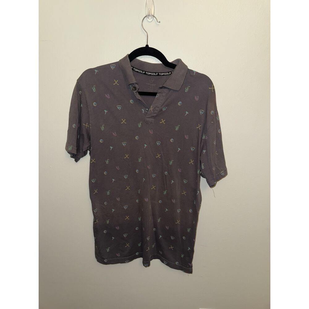 Top Golf Polo Shirt Medium Gray All Over Print Golf Drinks Clubs